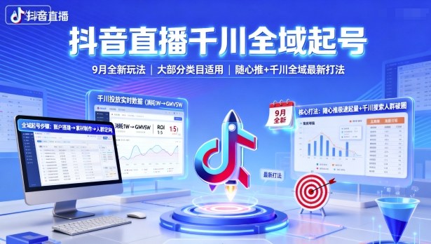 抖音直播千川全域起号,9月全新玩法,大部分类目适用,随心推以及千川全域最新打法-来福网创