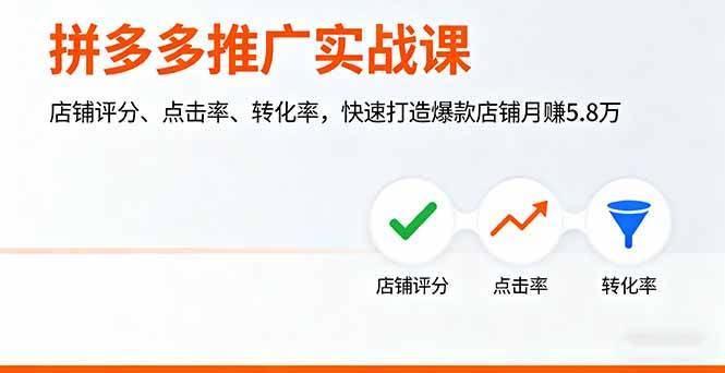 (16115期)拼多多推广实战课,店铺评分、点击率、转化率,快速打造爆款店铺月赚5.8万-来福网创