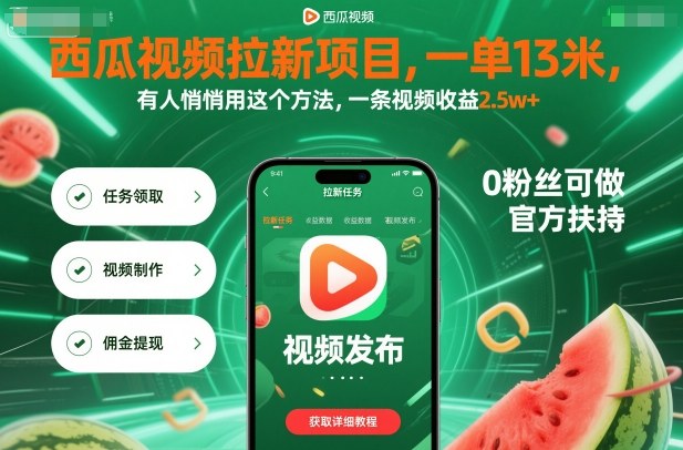西瓜视频拉新项目,一单13米,有人悄悄用这个方法,一条视频收益2.5w+(附详细教程)-来福网创
