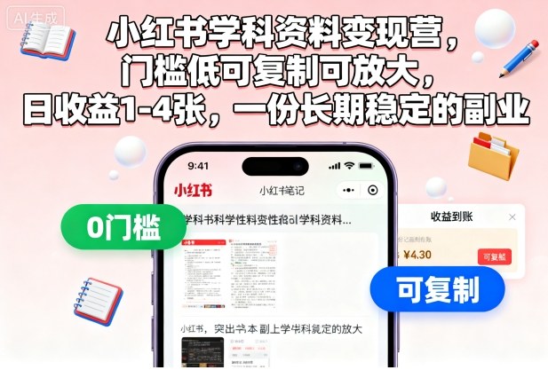 小红书学科资料变现营,门槛低可复制可放大,日收益1-4张,一份长期稳定的副业-来福网创