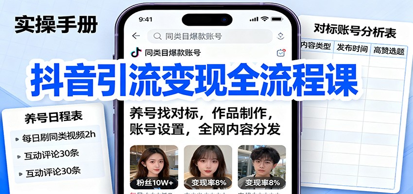 抖音引流变现全流程课:养号找对标,作品制作,账号设置,全网内容分发-来福网创