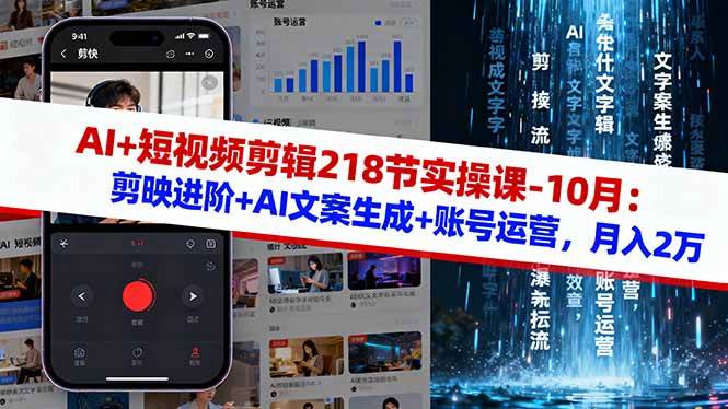 (16353期)AI+短视频剪辑218节实操课-10月:剪映进阶+AI文案生成+账号运营,月入2万-来福网创