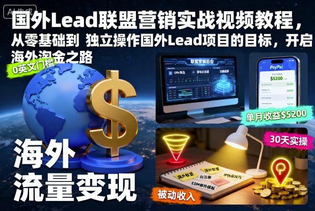 国外Lead联盟营销实战视频教程,从零基础到独立操作国外Lead项目的目标,开启海外淘金之路-来福网创