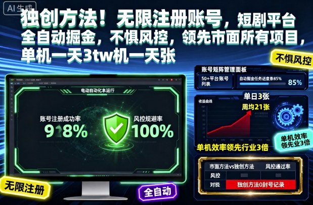 独创方法!无限注册账号,短剧平台全自动掘金,不惧风控,领先市面所有项目,单机一天3张【揭秘】-来福网创
