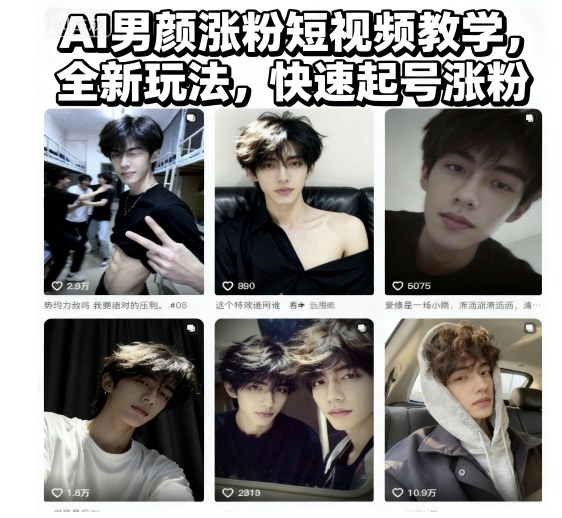 AI男颜涨粉短视频教学,全新玩法,快速起号涨粉-来福网创