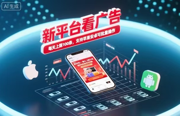 新台看广告,养好机一条5毛到5块,单机日入30到100,支持苹果安卓,可批量操作。-来福网创