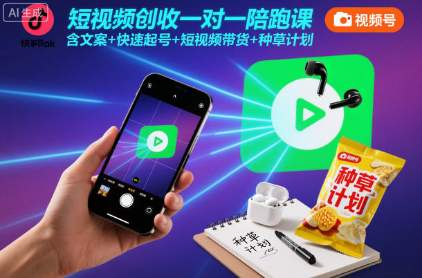 短视频创收一对一陪跑课,含文案+快速起号+短视频带货+种草计划-来福网创