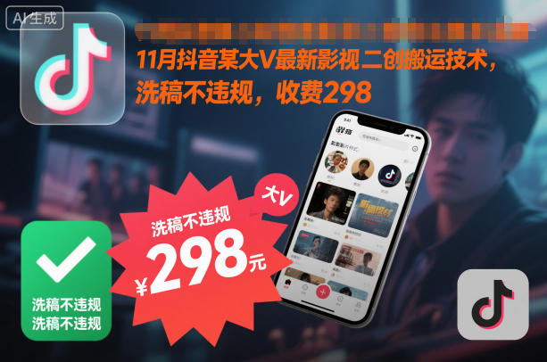 11月抖音某大V最新影视二创搬运技术,洗稿不违规,收费298-来福网创