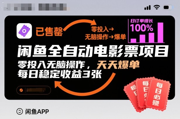 闲鱼全自动电影票项目,零投入无脑操作,天天爆单,每日稳定收益3张【揭秘】-来福网创