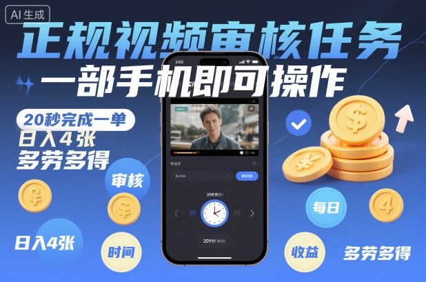 正规视频审核任务,一部手机即可操作,20秒完成一单,日入4张,多劳多得【揭秘】-来福网创