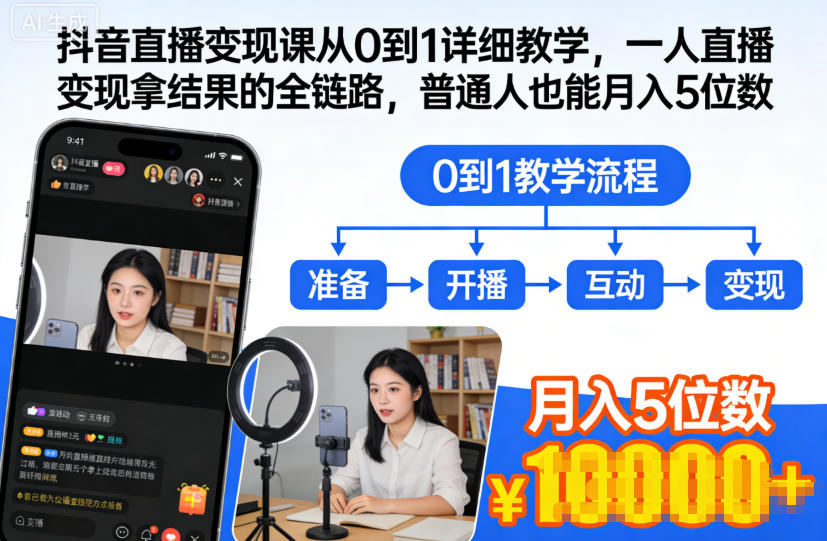 抖音直播变现课从0到1详细教学,一人直播变现拿结果的全链路,普通人也能月入5位数-来福网创
