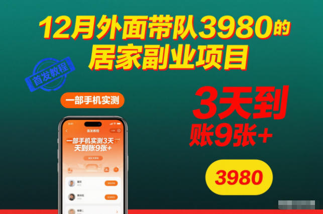 12月外面带队3980的居家副业项目,一部手机实测3天到账9张+,首发教程【揭秘】-来福网创