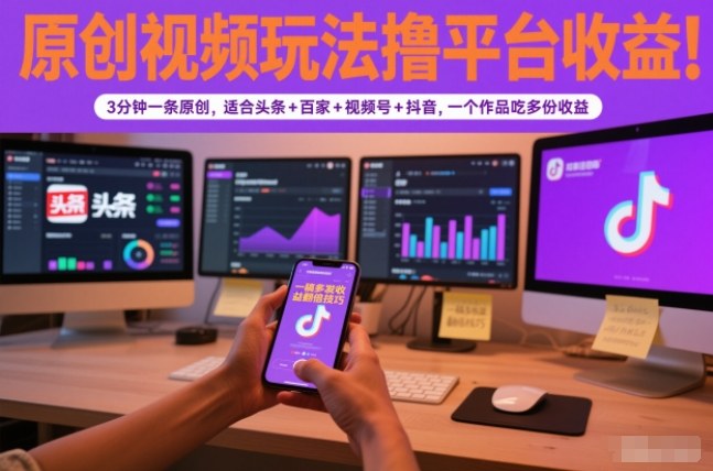 原创视频玩法撸平台收益,3分钟一条原创,适合头条+百家+视频号+抖音,一个作品吃多份收益-来福网创