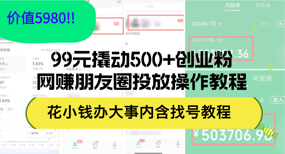 （12431期）99元撬动500+创业粉，网赚朋友圈投放操作教程价值5980！花小钱办大事内…-来福网创