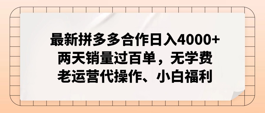 （12869期）拼多多最新合作日入4000+两天销量过百单，无学费、老运营代操作、小白福利-来福网创