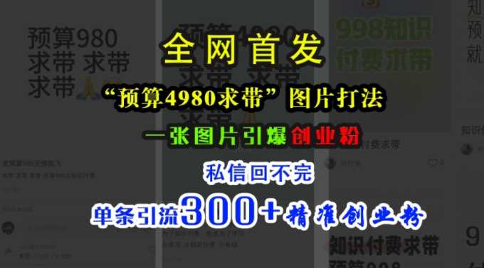 小红书“预算4980带我飞”图片打法，一张图片引爆创业粉，私信回不完，单条引流300+精准创业粉-来福网创