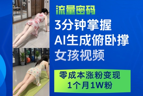 3分钟掌握AI生成俯卧撑女孩视频，零成本涨粉变现，1个月1W粉-来福网创