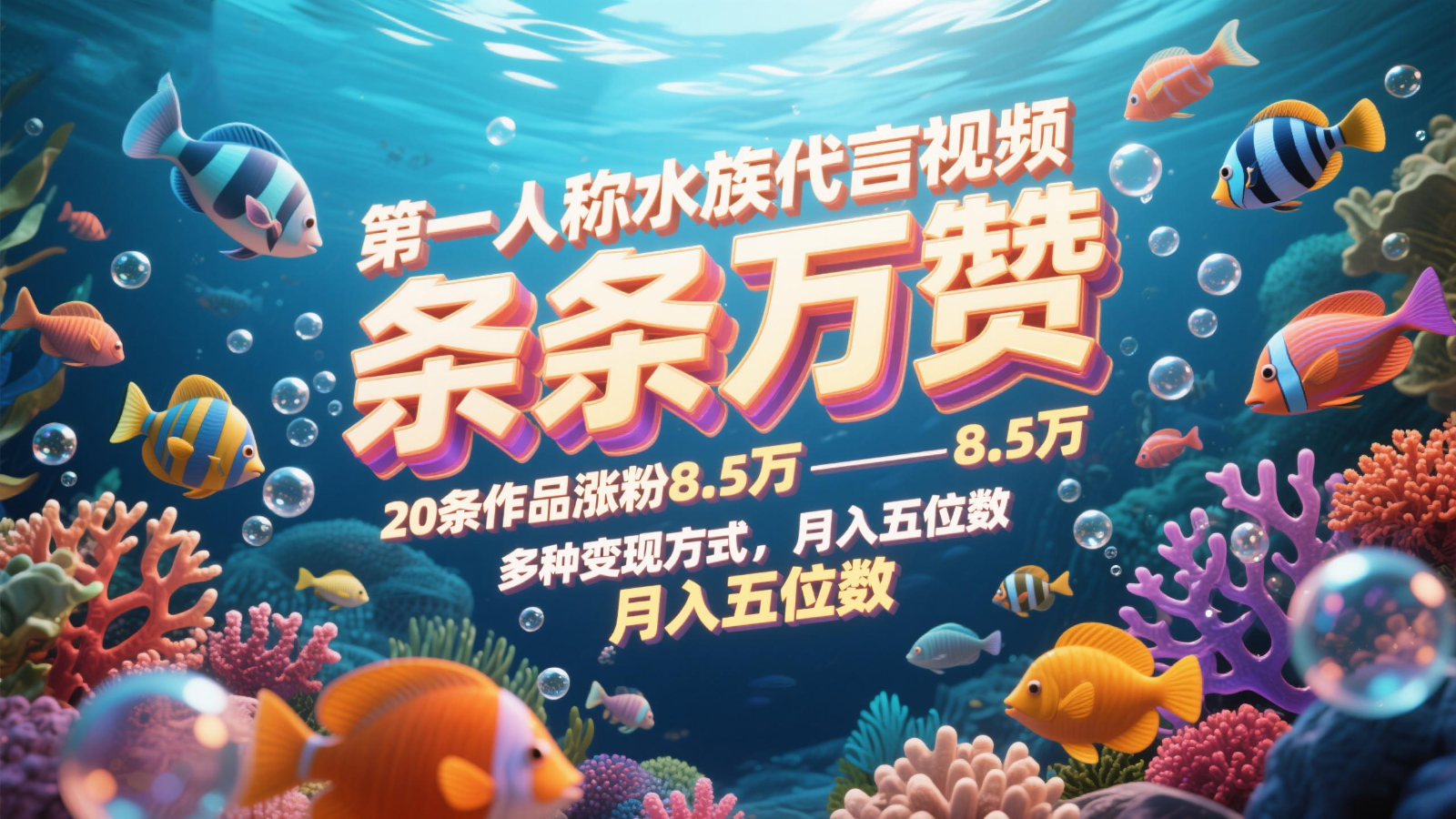 第一人称水族代言视频，条条万赞，20条作品涨粉8.5万，多种变现方式月，入五位数-来福网创