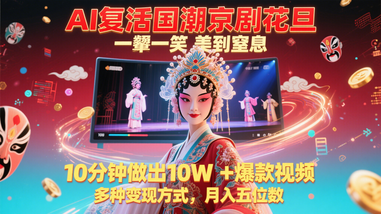 AI复活国潮京剧花旦，一颦一笑美到窒息，10分钟做出10W+爆款视频，多种变现方式-来福网创
