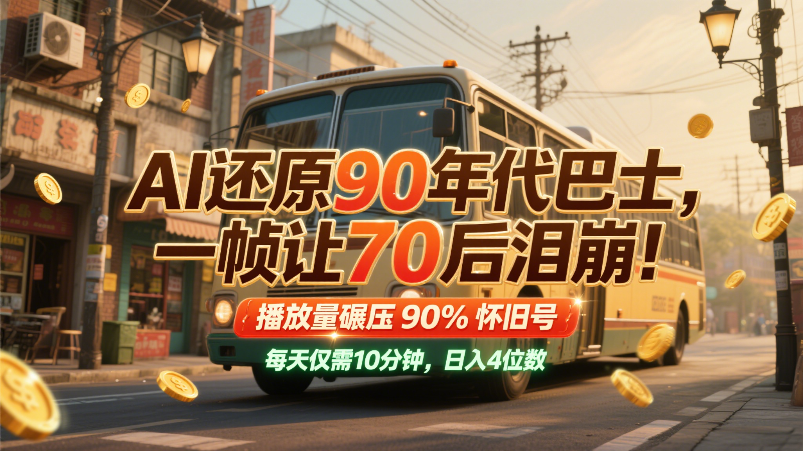 AI还原90年代巴士，一帧让70后泪崩！播放量碾压90%怀旧号，每天10分钟，日入4位数-来福网创