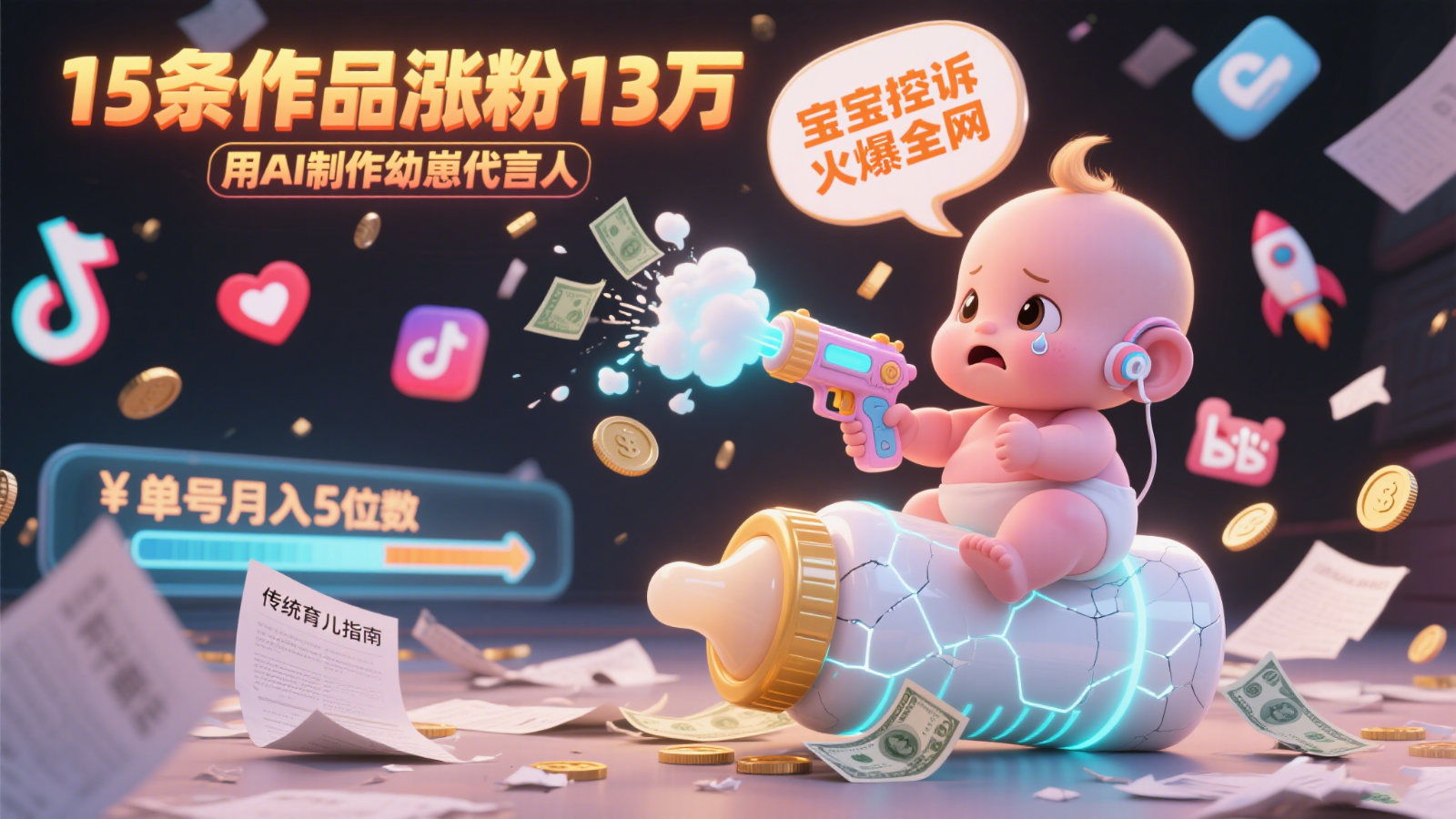 用AI制作幼崽代言人，宝宝的控诉火爆全网，15条作品涨粉13万，单号月入5位数实操教程-来福网创
