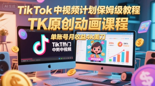 TikTok中视频计划保姆级教程，TK原创动画课程，单账号月收益4k美刀-来福网创