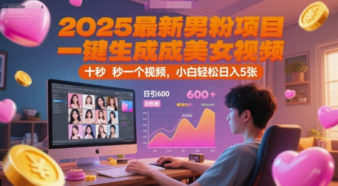 2025最新男粉项目，一键生成美女视频，日引600+色粉 十秒一个视频，小白轻松日入5张【揭秘】-来福网创