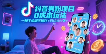 抖音男粉项目0成本玩法，一部手机即可操作，日均4张+，时间自由-来福网创