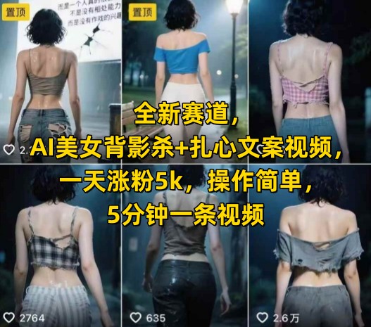 全新赛道，AI美女背影杀+扎心文案视频，一天涨粉5k，操作简单，5分钟一条视频-来福网创