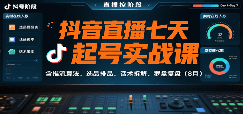 抖音直播七天起号实战课：含推流算法、选品排品、话术拆解、罗盘复盘（8月）-来福网创