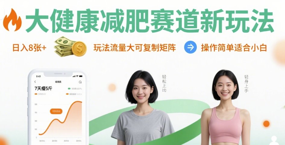 大健康减肥赛道新玩法日入8张，玩法流量大可复制矩阵，操作简单适合小白-来福网创