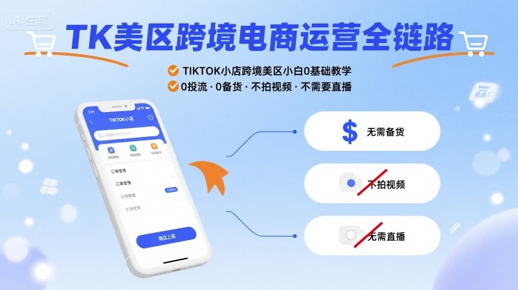 TK美区跨境电商运营全链路，TIKTOK小店跨境美区小白0基础教学，0投流0备货不拍视频不需要直播-来福网创