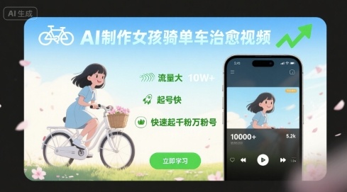 AI制作女孩骑单车治愈视频，流量大，起号快，快速起千粉万粉号-来福网创