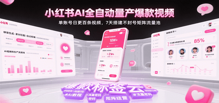 小红书AI全自动量产爆款视频，单账号日更百条视频，7天搭建不封号矩阵流量池（更新）-来福网创