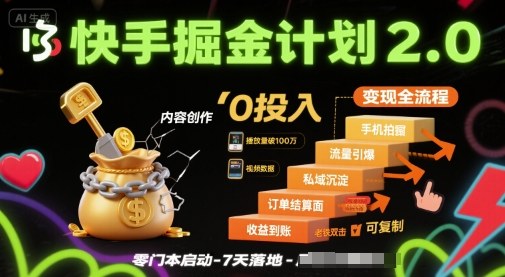 快手掘金计划2.0，快手电商变现全流程，简单可复制，0投入-来福网创