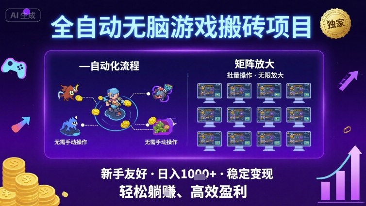 全自动无脑游戏搬砖项目，独家玩法，可批量矩阵无限放大，新手也能轻松日入1k+【揭秘】-来福网创