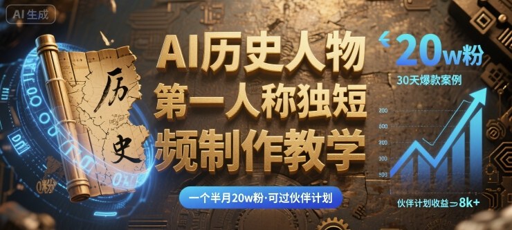 最新AI历史人物第一人称独白短视频制作教学，一个半月20w粉，可过伙伴计划-来福网创