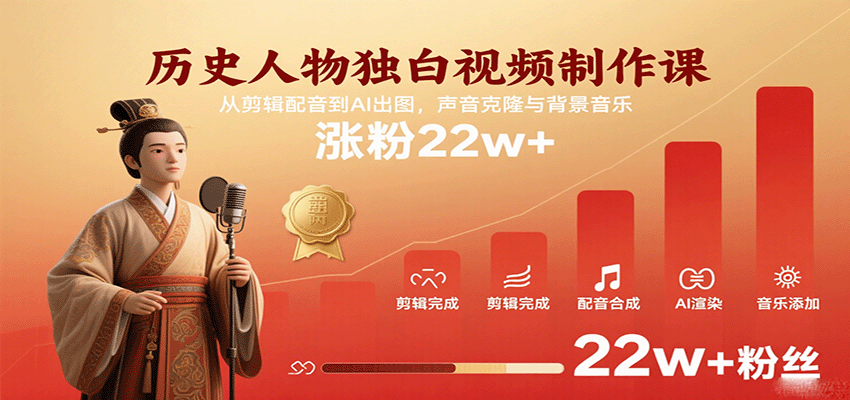 历史人物独白视频制作课，从剪辑配音到AI出图，声音克隆与背景音乐，涨粉22w+-来福网创
