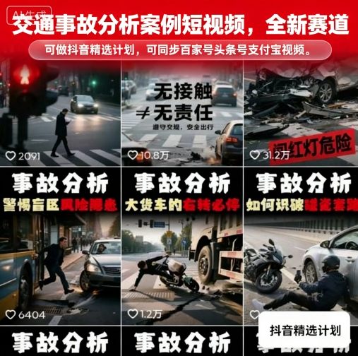 交通事故分析案例短视频，全新赛道，可做抖音精选计划，可同步百家号头条号支付宝视频号平台-来福网创