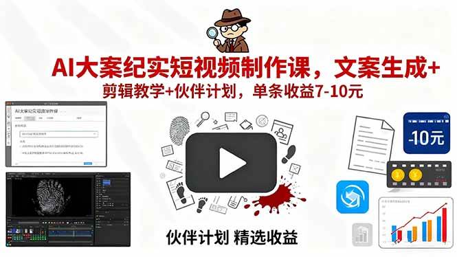 （15992期）AI大案纪实短视频制作课，文案生成+剪辑教学+伙伴计划，单条收益7-10元-来福网创