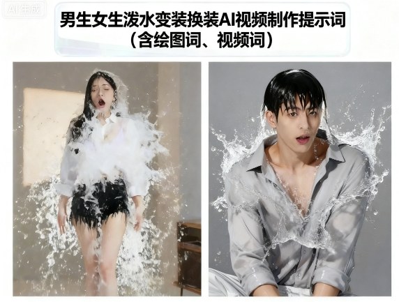 男生女生泼水变装换装AI视频制作提示词(含绘图词、视频词)-来福网创