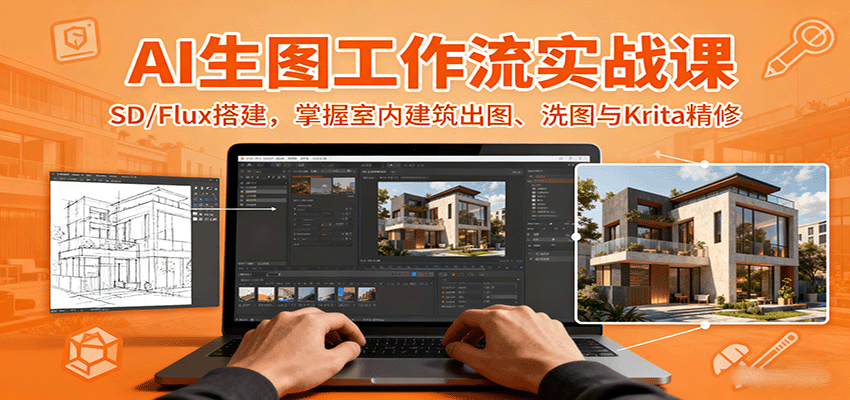 AI生图工作流实战课：SD/Flux搭建，掌握室内建筑出图、洗图与Krita精修-来福网创