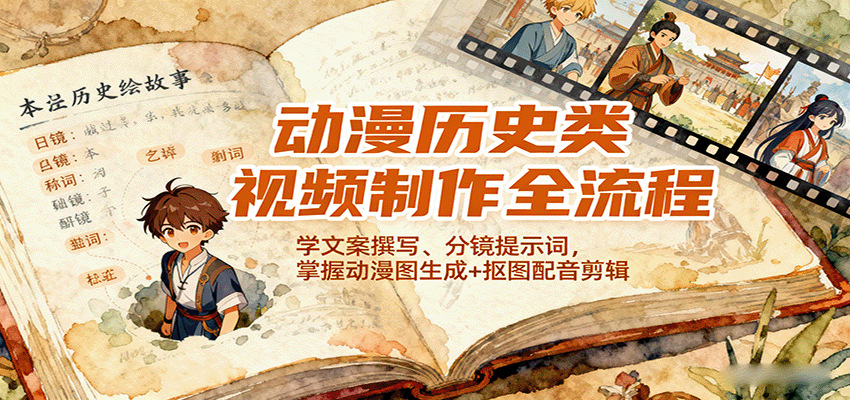 动漫历史类视频制作全流程，学文案撰写、分镜提示词，掌握动漫图生成+抠图配音剪辑-来福网创