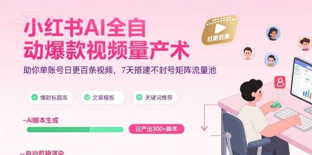 小红书AI全自动爆款视频量产术，助你单账号日更百条视频，7天搭建不封号矩阵流量池（更新9月）-来福网创