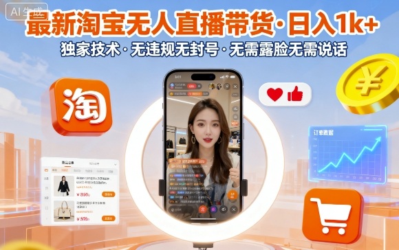 最新淘宝无人直播带货，日入1k+，独家技术，无违规无封号，无需露脸无需说话【揭秘】-来福网创