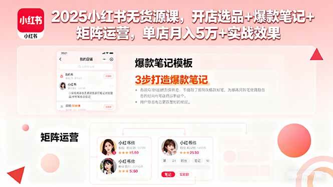 （16024期）2025小红书无货源课，开店选品+爆款笔记+矩阵运营，单店月入5万+实战效果-来福网创