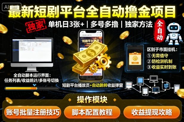 最新短剧平台全自动挂G撸金项目，单机一天3张+，多号多撸，区别于市面所有挂机项目，独家方法【揭秘】-来福网创