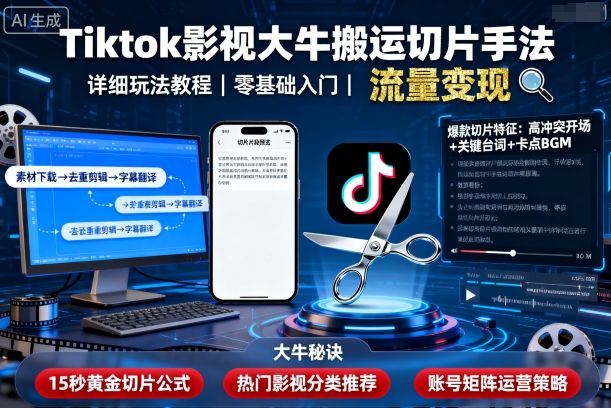 Tiktok影视大牛搬运切片手法，详细玩法教程-来福网创