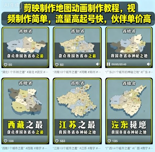 剪映制作地图动画制作教程，视频制作简单，流量高起号快，伙伴单价高-来福网创