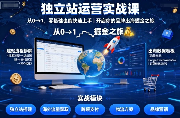 独立站运营实战课，​从0到1，零基础也能快速上手，开启你的品牌出海掘金之旅-来福网创